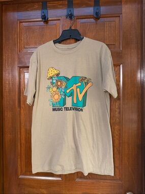 MTV Beige Graphic Tee with Teal and Yellow Logo